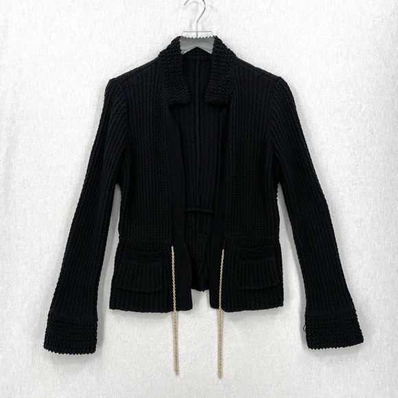 CHANEL 2010 Sweater Womens 34 Black Chain Details Open Cardigan Cotton Chunky - Picture 4 of 16